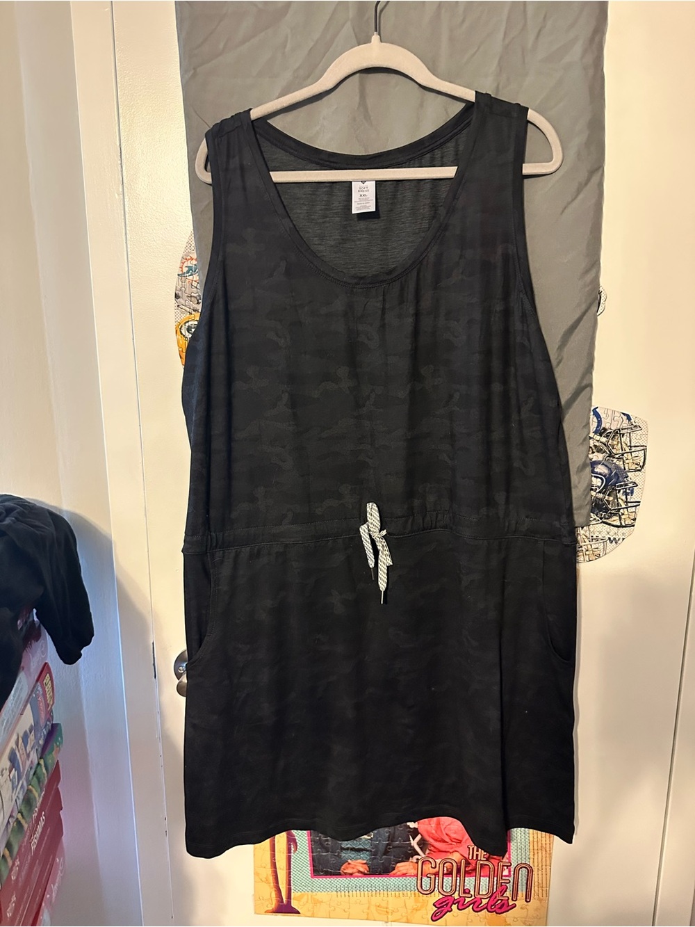 Black Camo Drawstring Waist Tank Dress